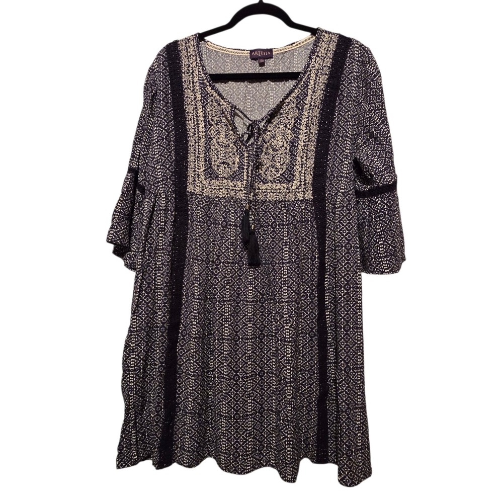 Artesia Embroidered Peasant‎ Top Women's XL Black Lace Trim Tassels Boho Hippie
